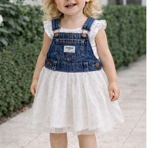 OshKosh Bgosh Baby Girls 24M Denim Tulle Overall‎ Dress Jumper White Gold